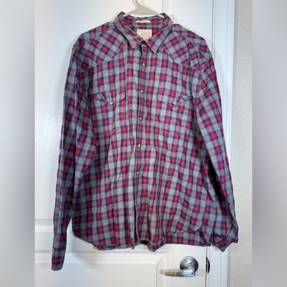 Lucky Brand Red Gray Navy Blue Plaid Flannel Classic Fit Shirt Size XL EUC #5782